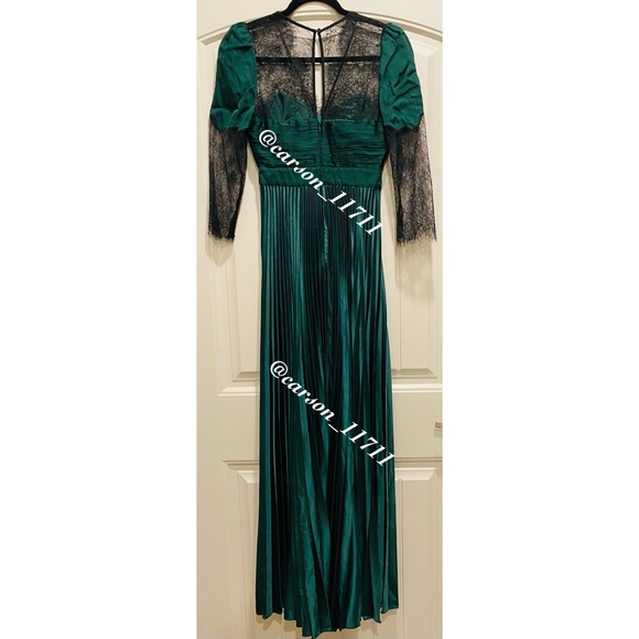 Olive Green Self Portrait Green And Black Dress Self Portrait V Neck Green  Pleated Maxi Dress